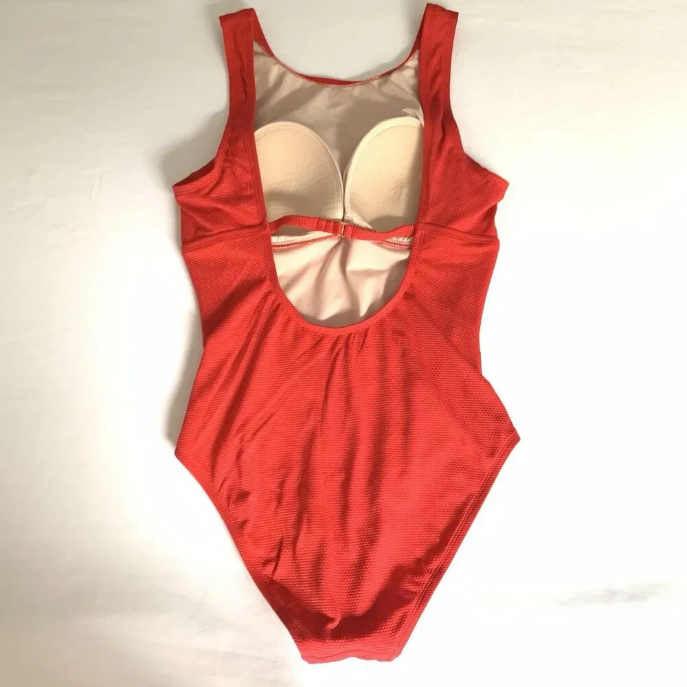 Kona Sol Swimsuit One Piece Women L Red Ruched Padded‎ Vacation Beach Feminine